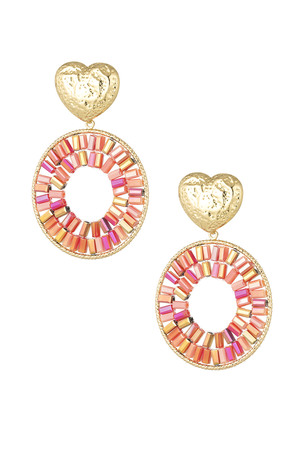 Round statement earrings with heart detail - red h5 
