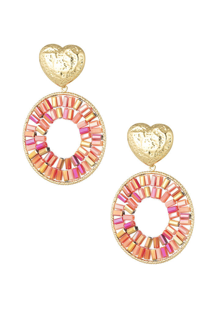 Round statement earrings with heart detail - red 