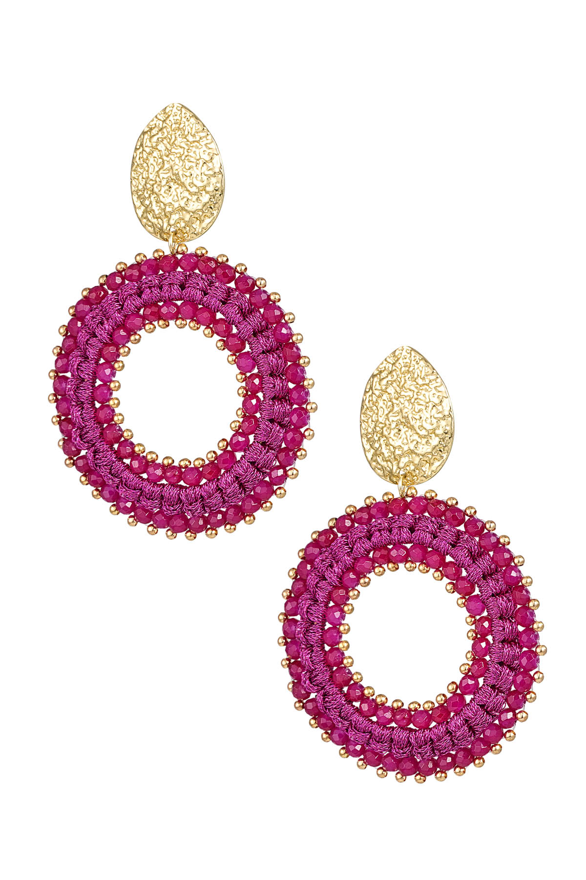 Round earrings with beads - gold/fuchsia 