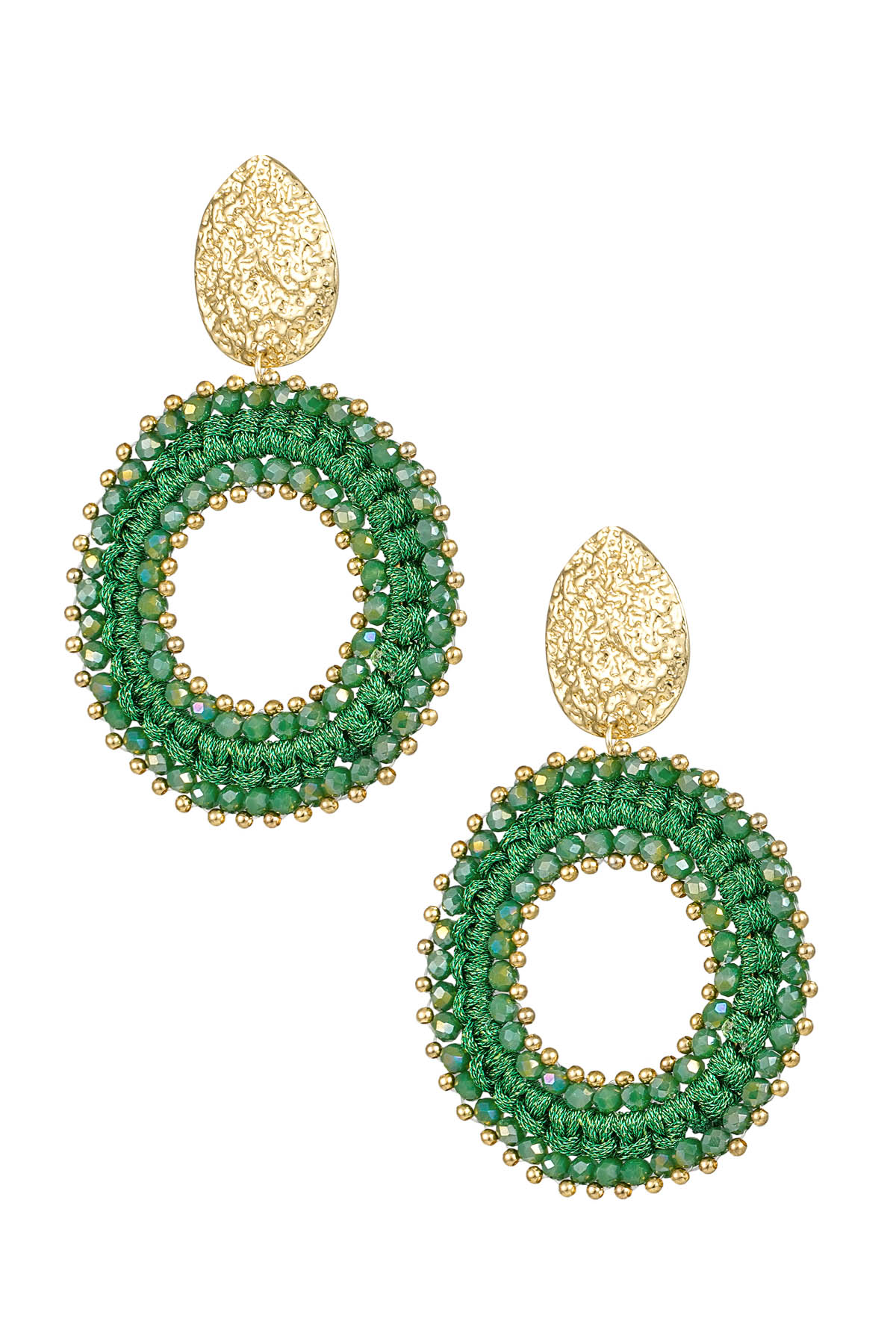 Round earrings with beads - gold/green