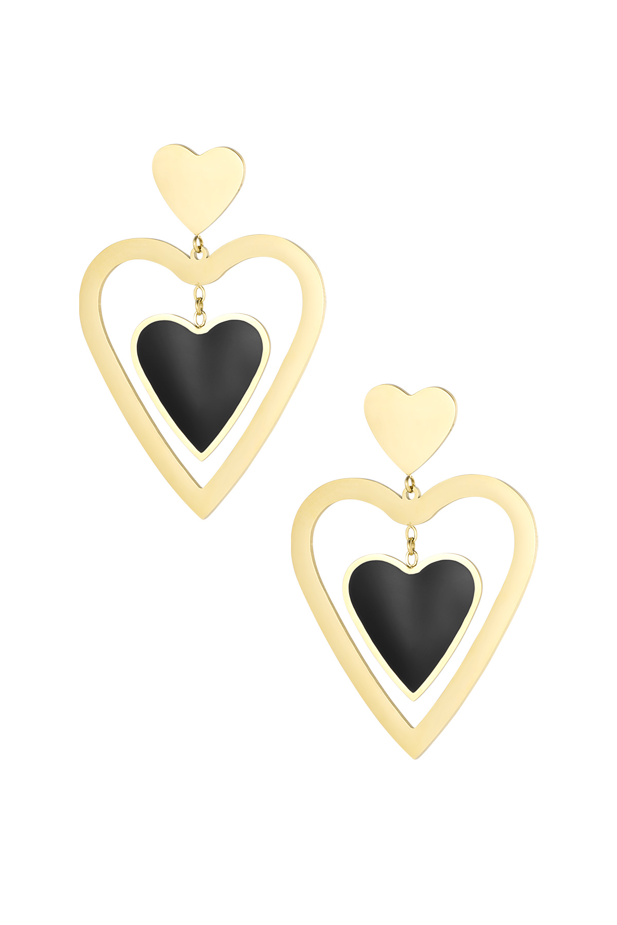 Pendientes de doble corazón - oro/negro
