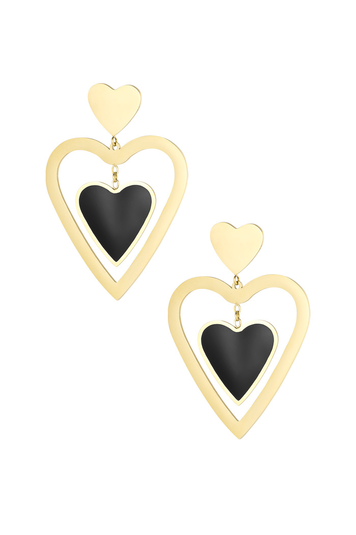 Oorbellen dubbel hart - goud/zwart 