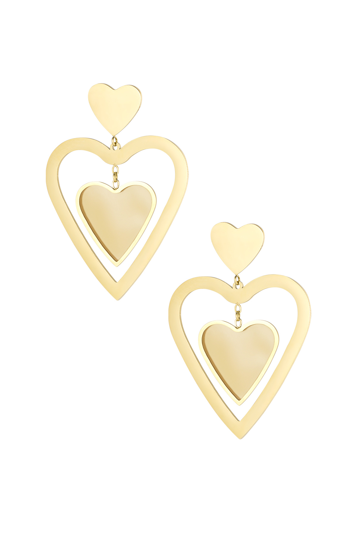 Double heart earrings - gold/beige