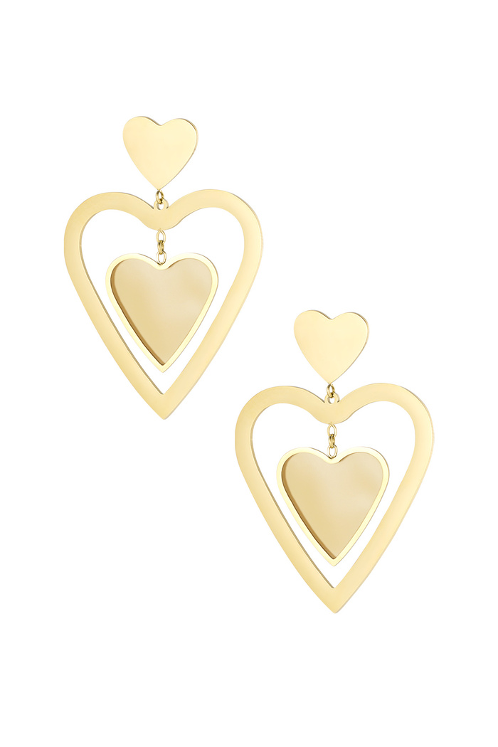 Pendientes de doble corazón - oro/beige 