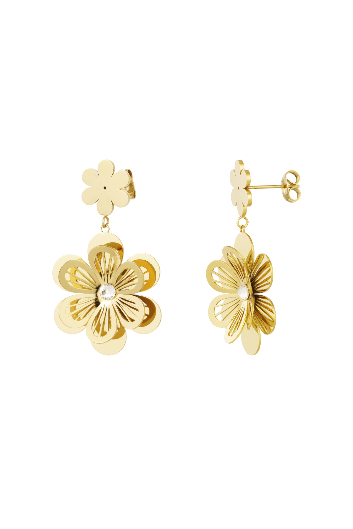 Flower earrings with stone - gold