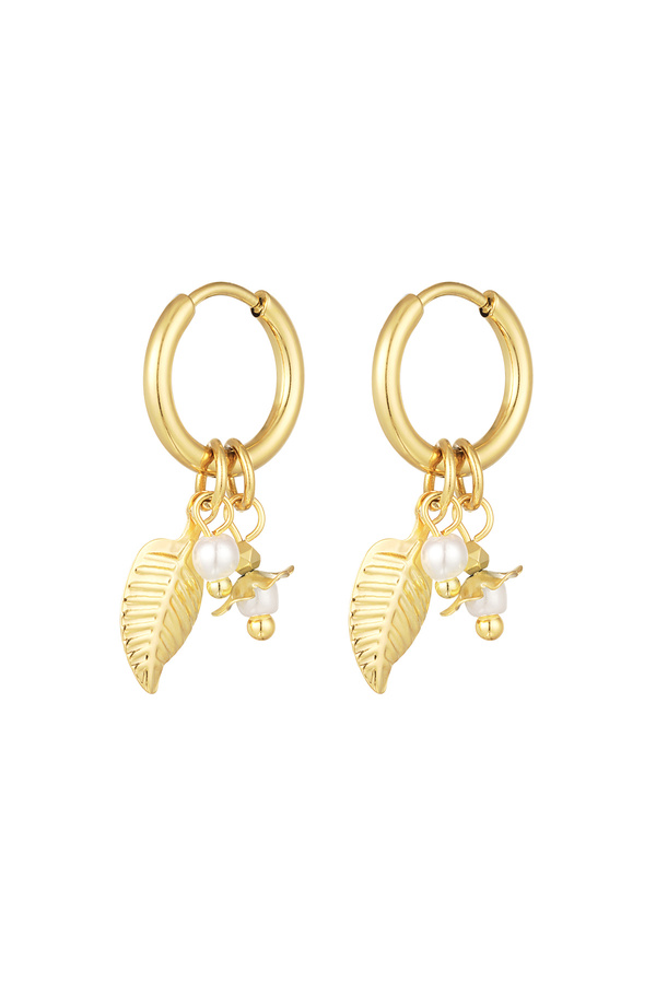 Leaf earrings with pearls - gold