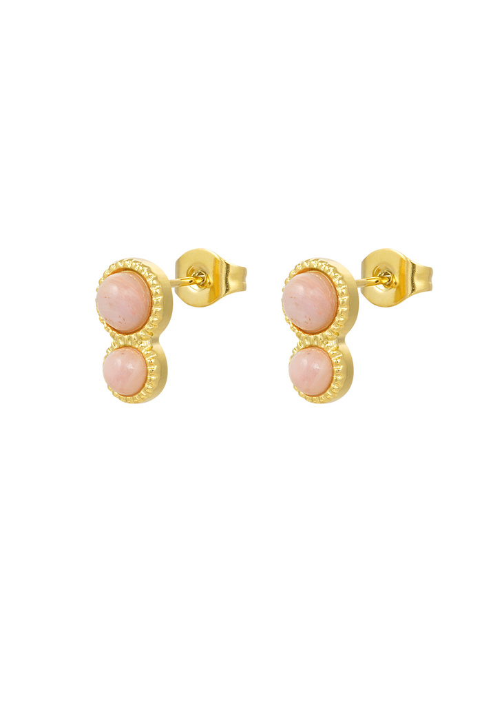 Basic double natural stone stud earrings - pink gold 