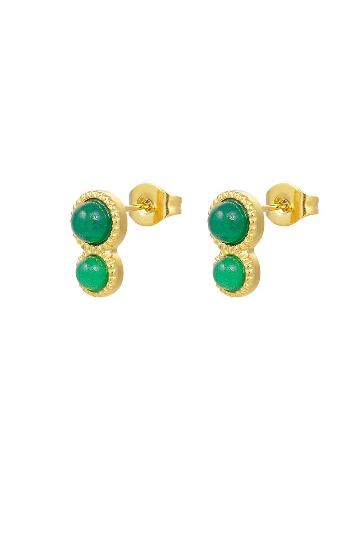 Basic double natural stone stud earrings - green gold h5 