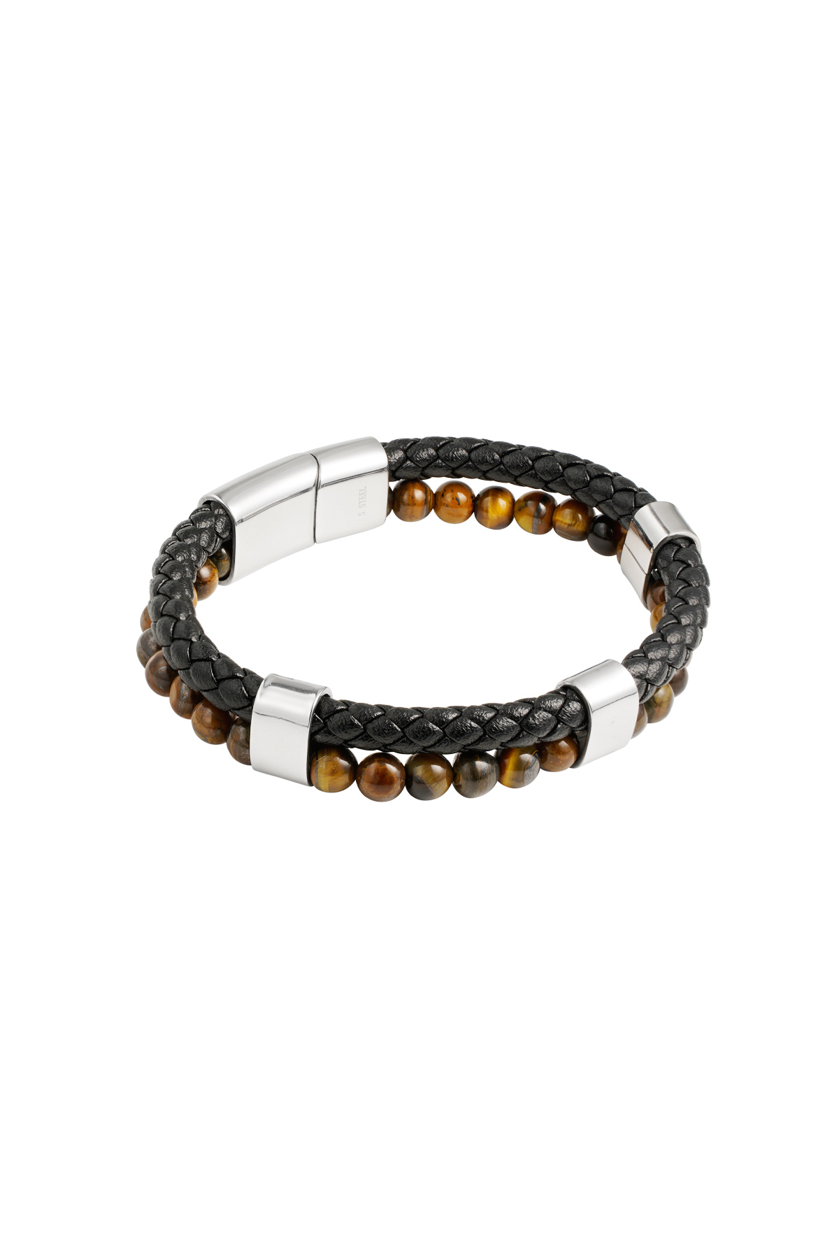 Men's bracelet double braid and beads - brown