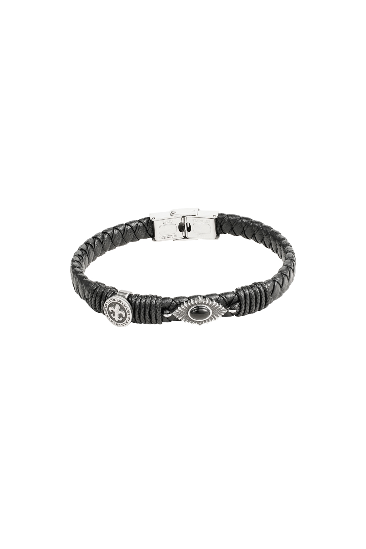 Heren armband gevlochten met steentjes - zilver/zwart