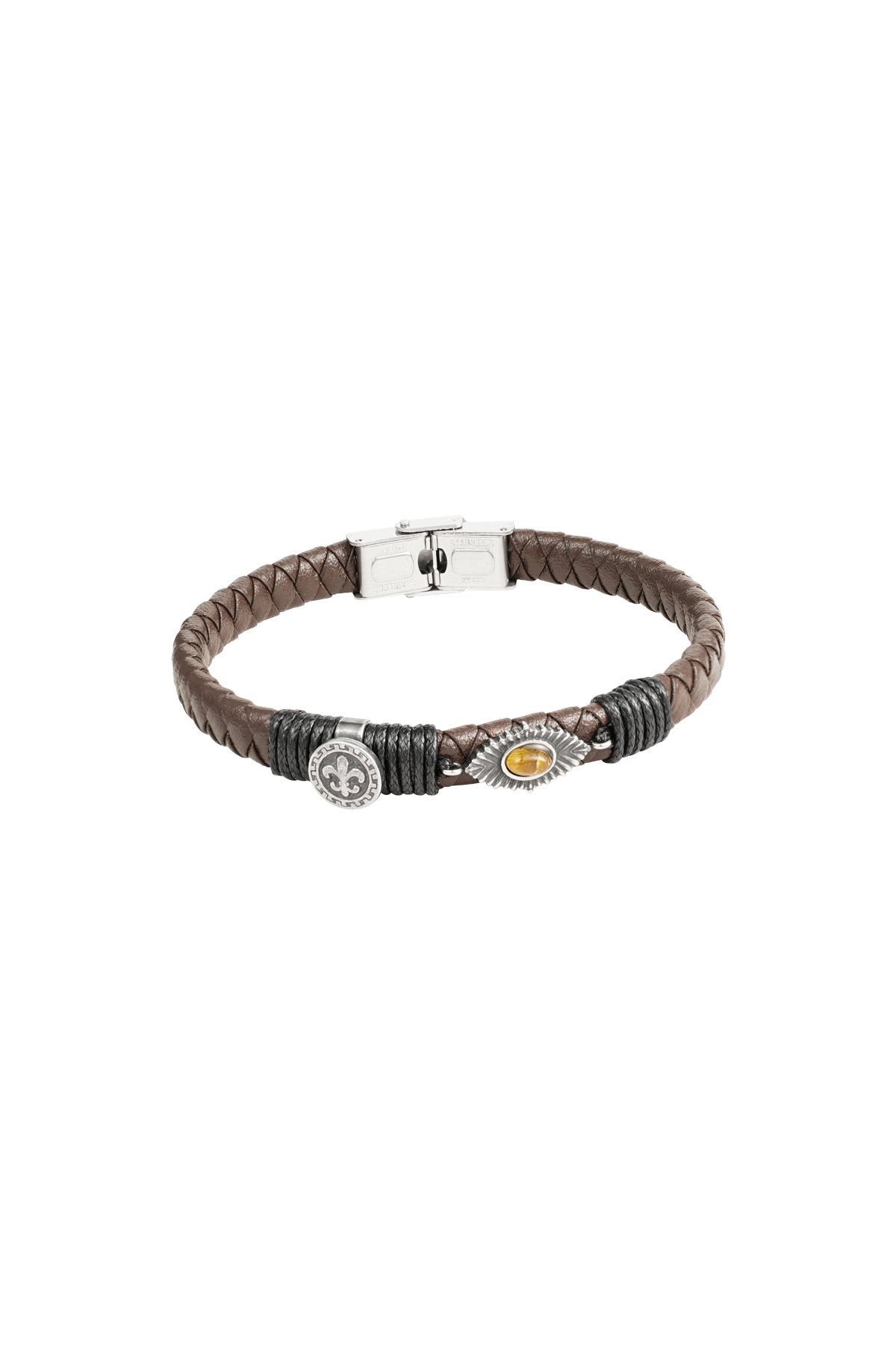 Men's bracelet braided with stones - Silver color/brown