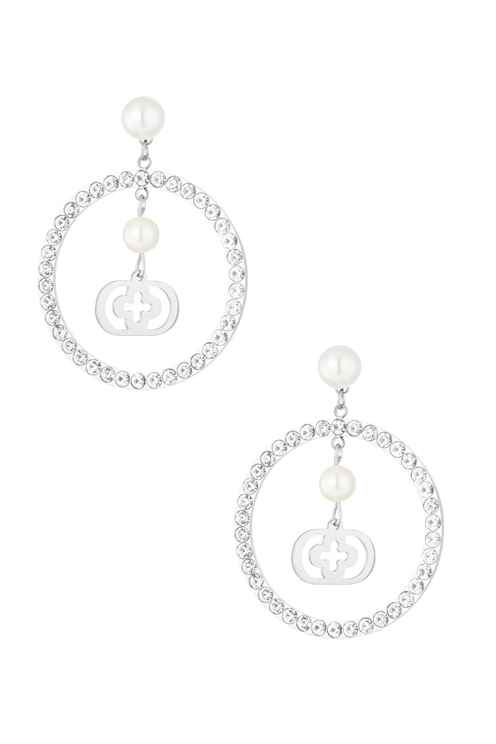 Earring with round stone pendant with hanging detail - silver 