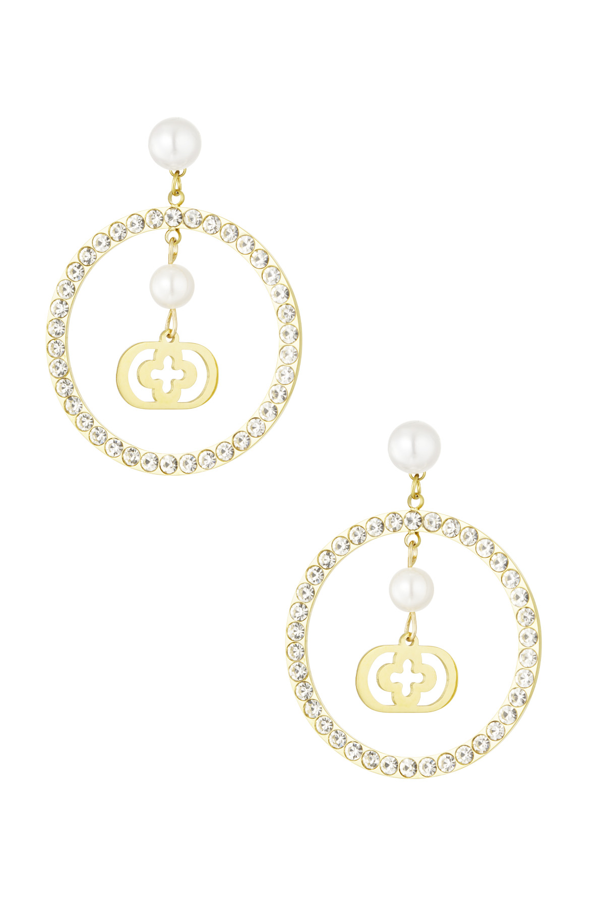 hoops on stud earrings with pearls and clover - gold