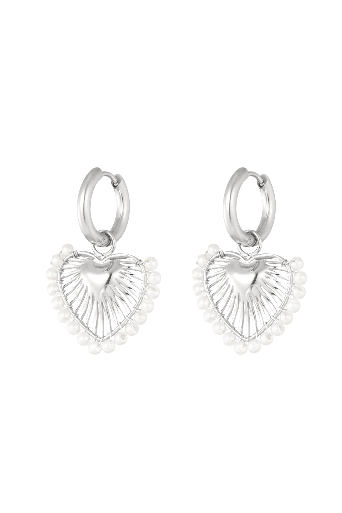 Ohrringe mit Herzanhänger und Perlen - Silber