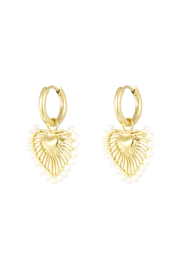 Earrings with heart pendant and pearls - gold
