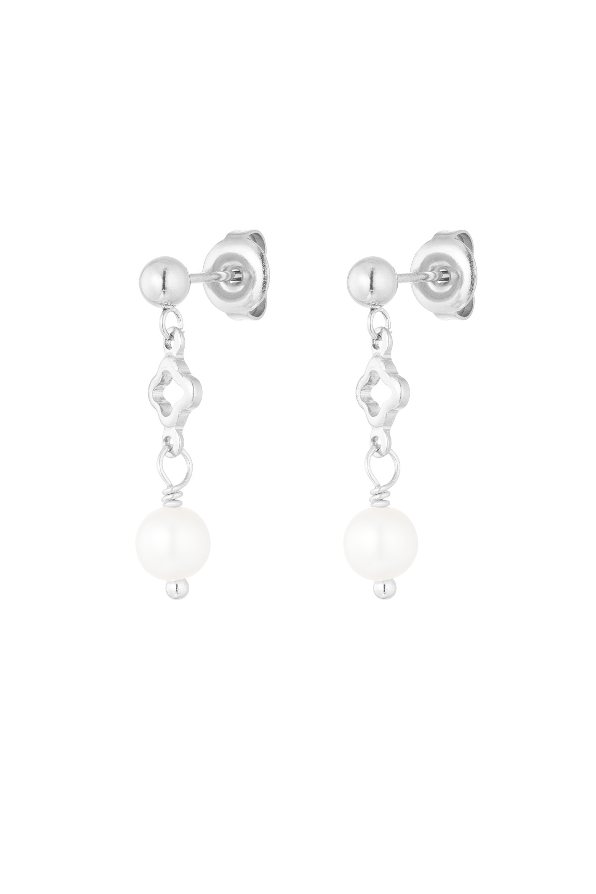 Earrings clover and pearl charm - silver