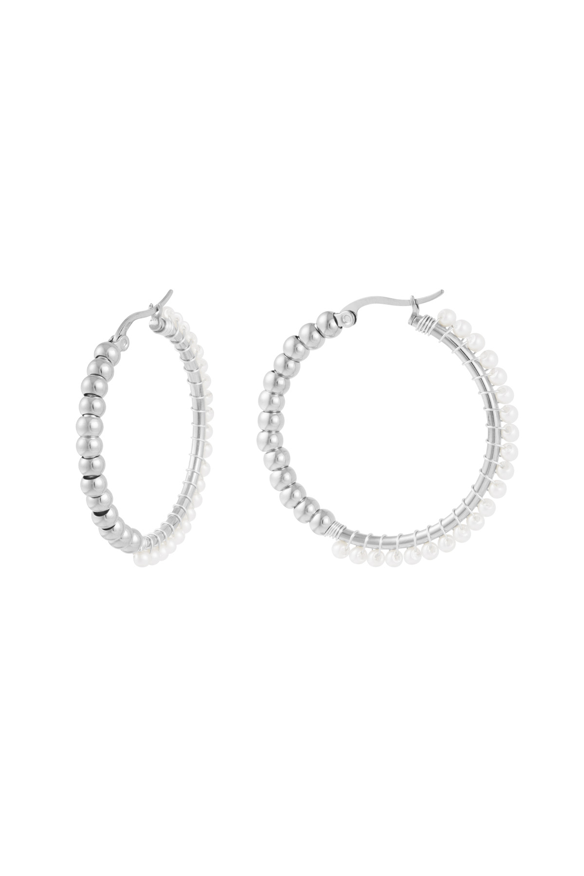 Stainless Steel Large Circle Pearl Bead Earrings - Silver 
