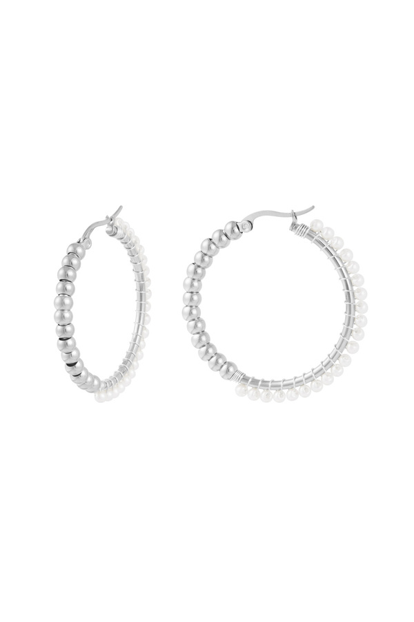 Stainless Steel Large Circle Pearl Bead Earrings - Zilver