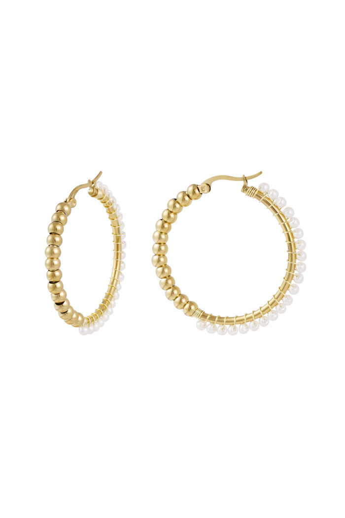 Pendientes de cuentas de perlas circulares grandes de acero inoxidable - Oro 