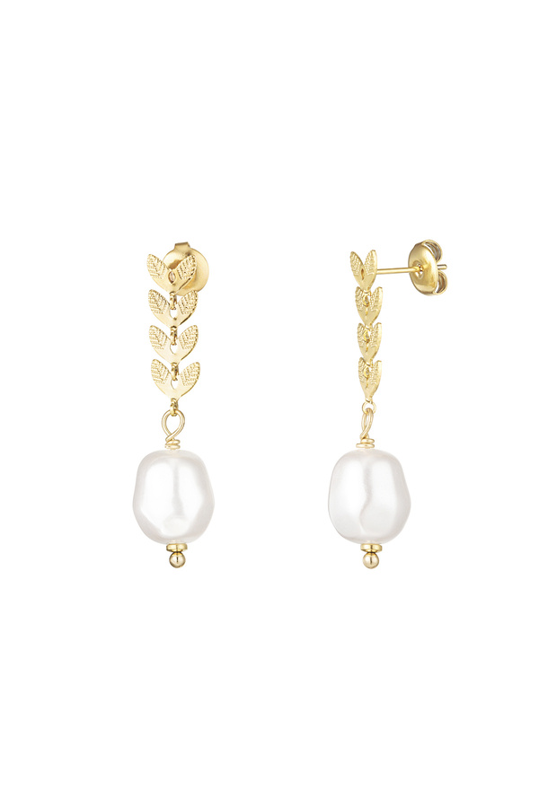 Earrings with leaves and pearl - gold
