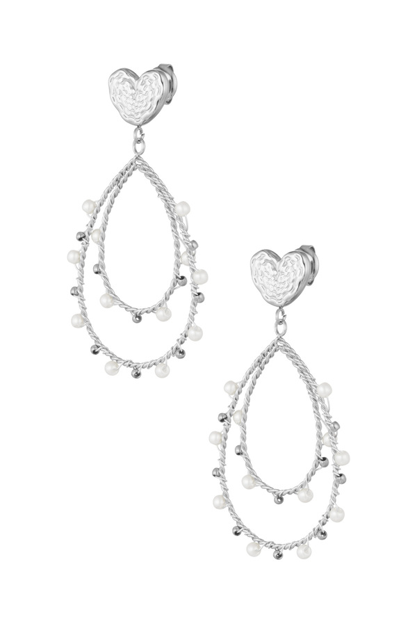 Earrings heart drop and pearls - silver