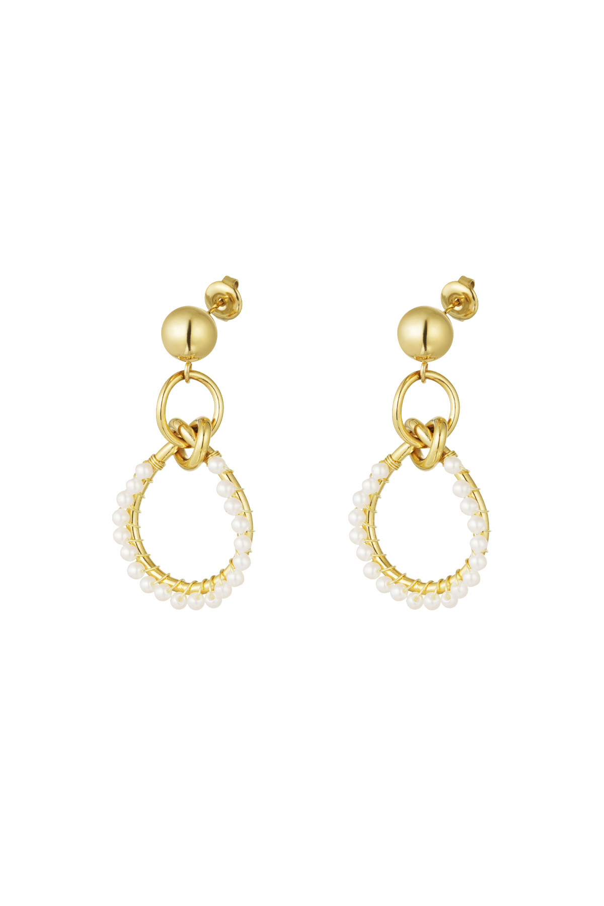 Earrings triple round with pearls - gold