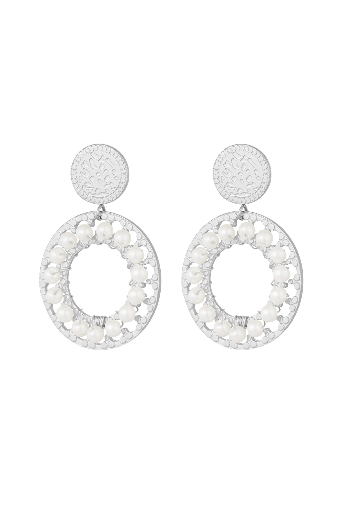Double circle earrings with pearls - silver