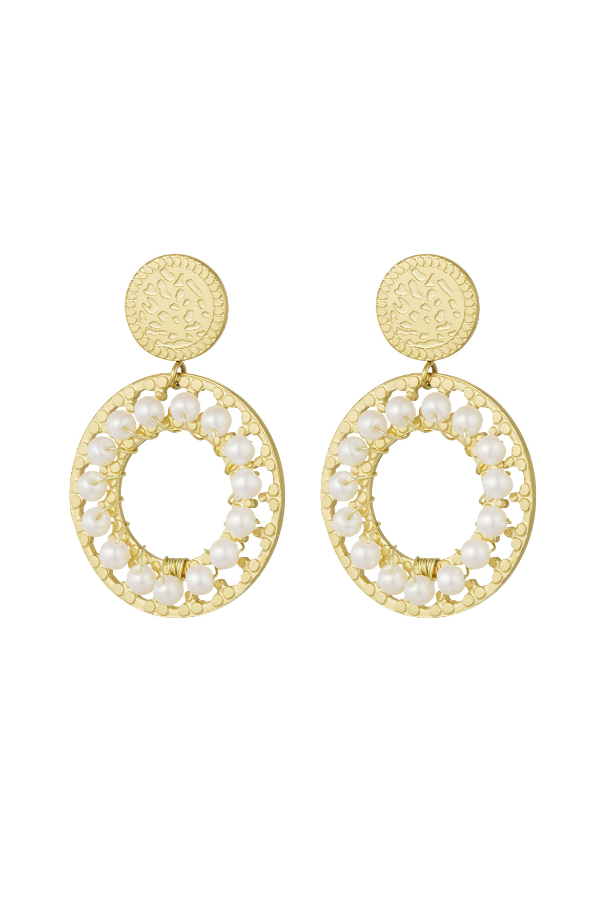 Doppelkreis-Ohrringe mit Perlen – Gold