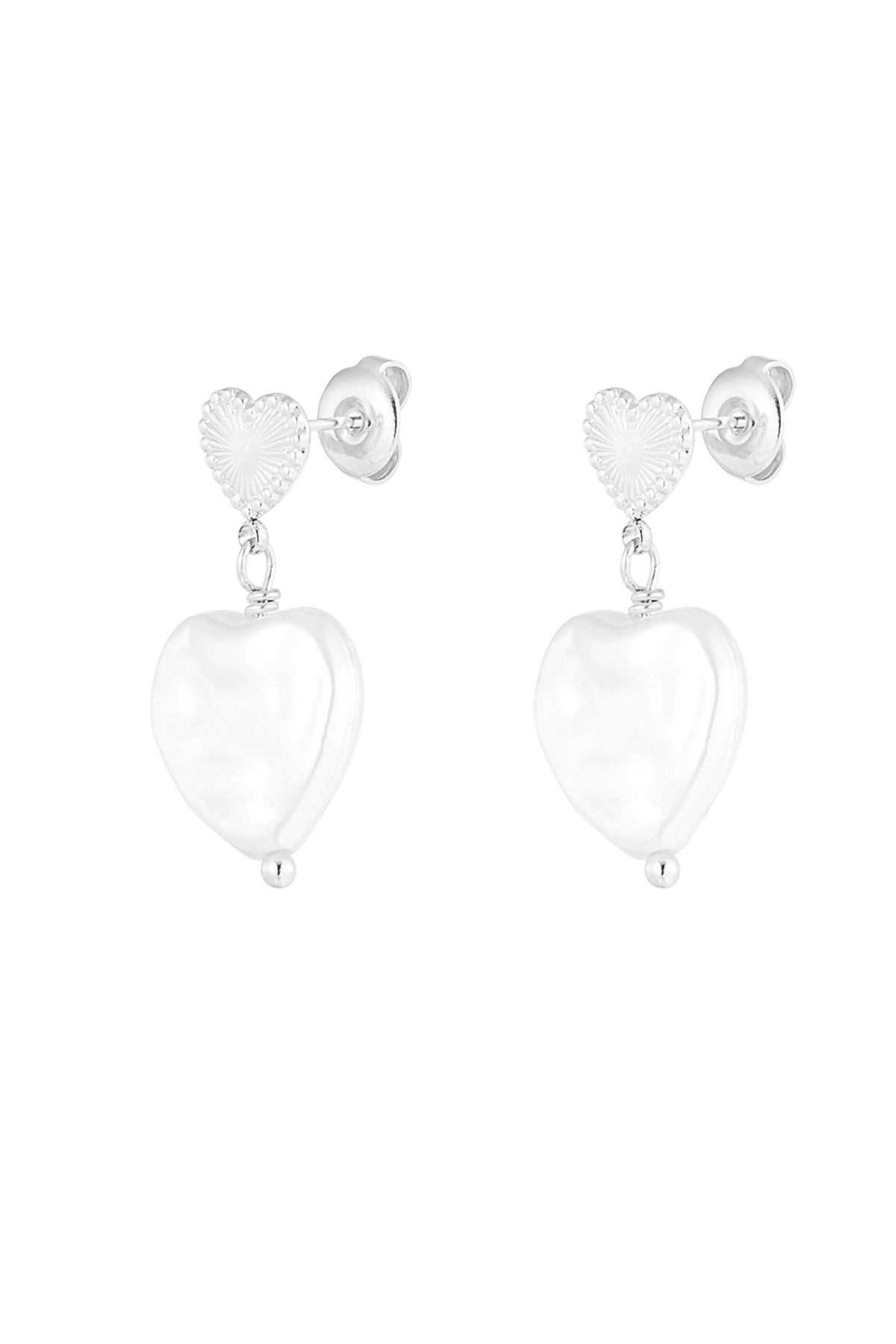 Double heart earrings large pearl - silver