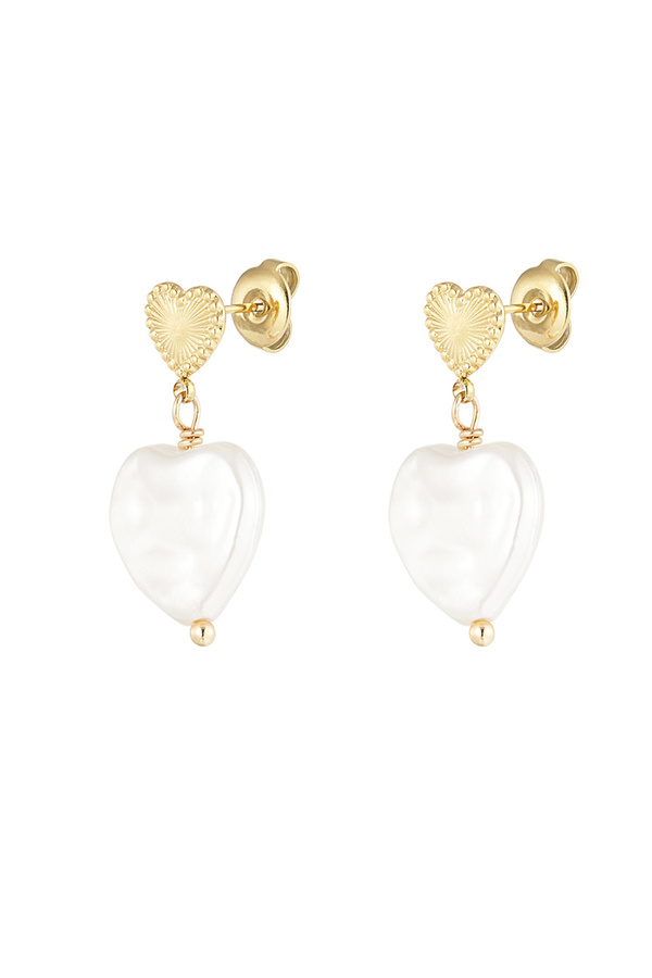 Double heart earrings large pearl - gold