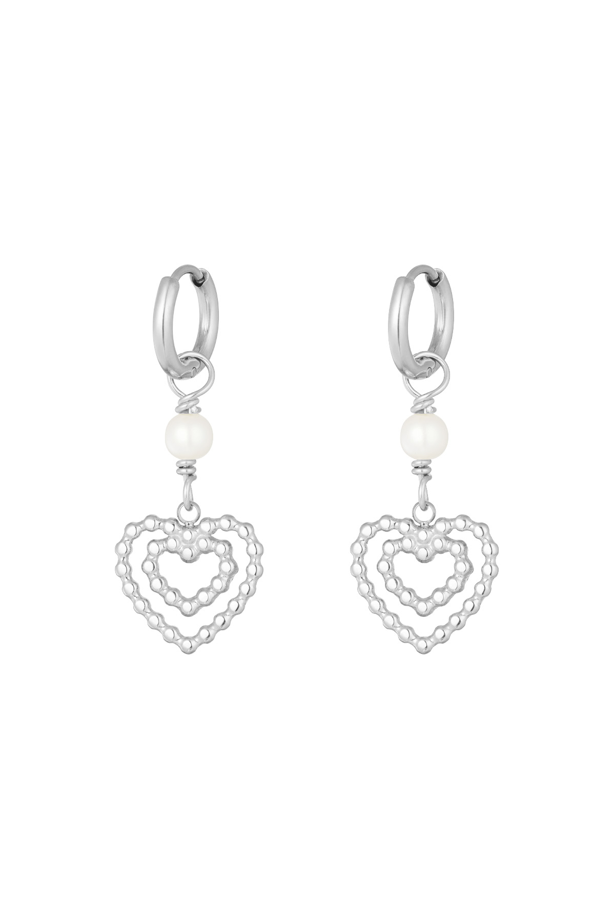Earrings double heart with pearl - silver
