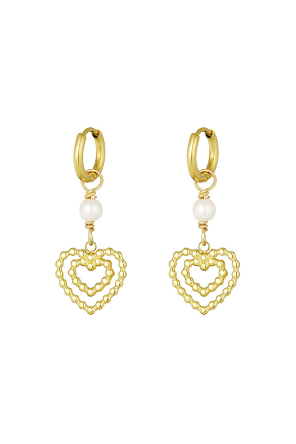 Earrings double heart with pearl - gold