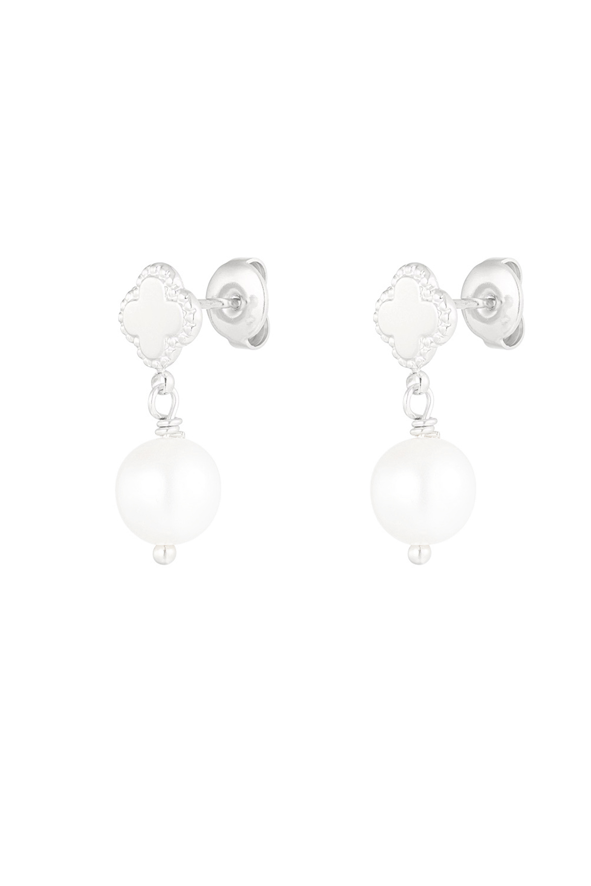 Earring with clover and pearl pendant - silver 