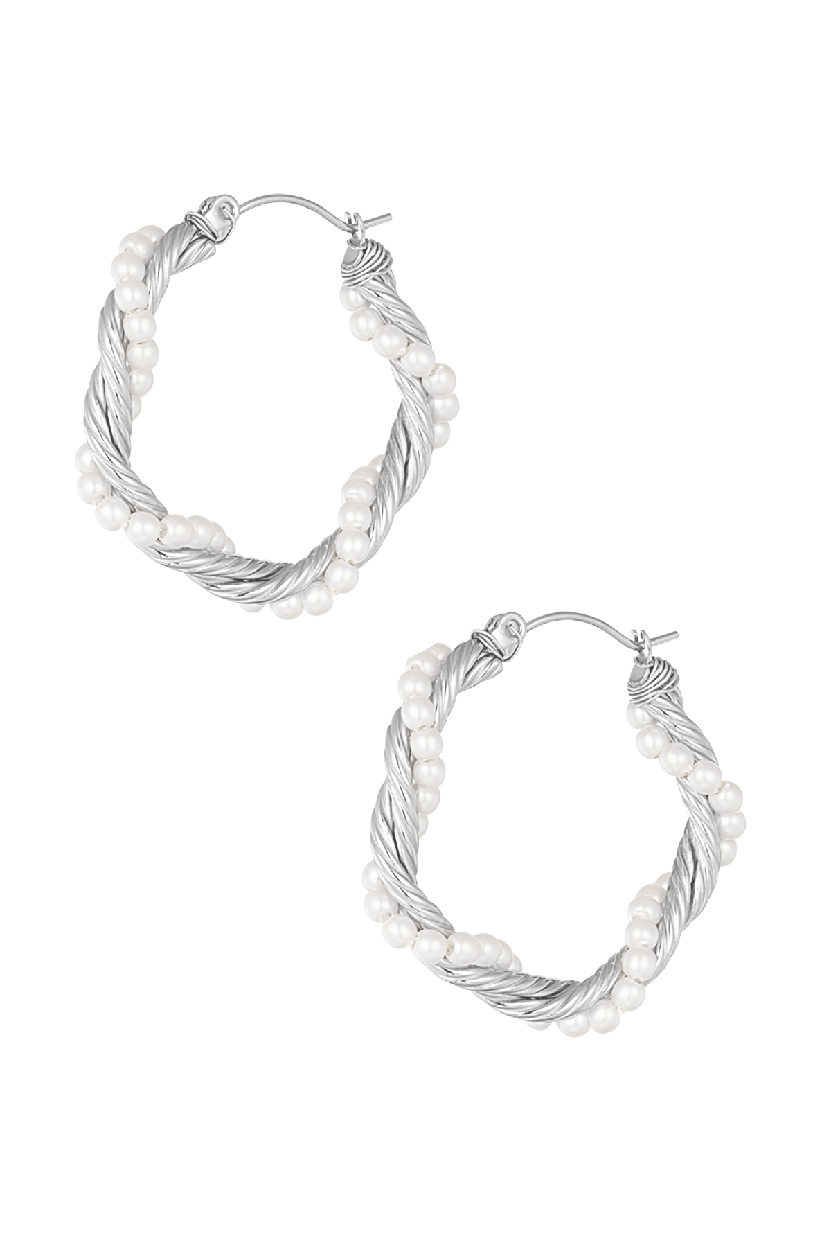 Round twisted rope earrings with pearls - silver