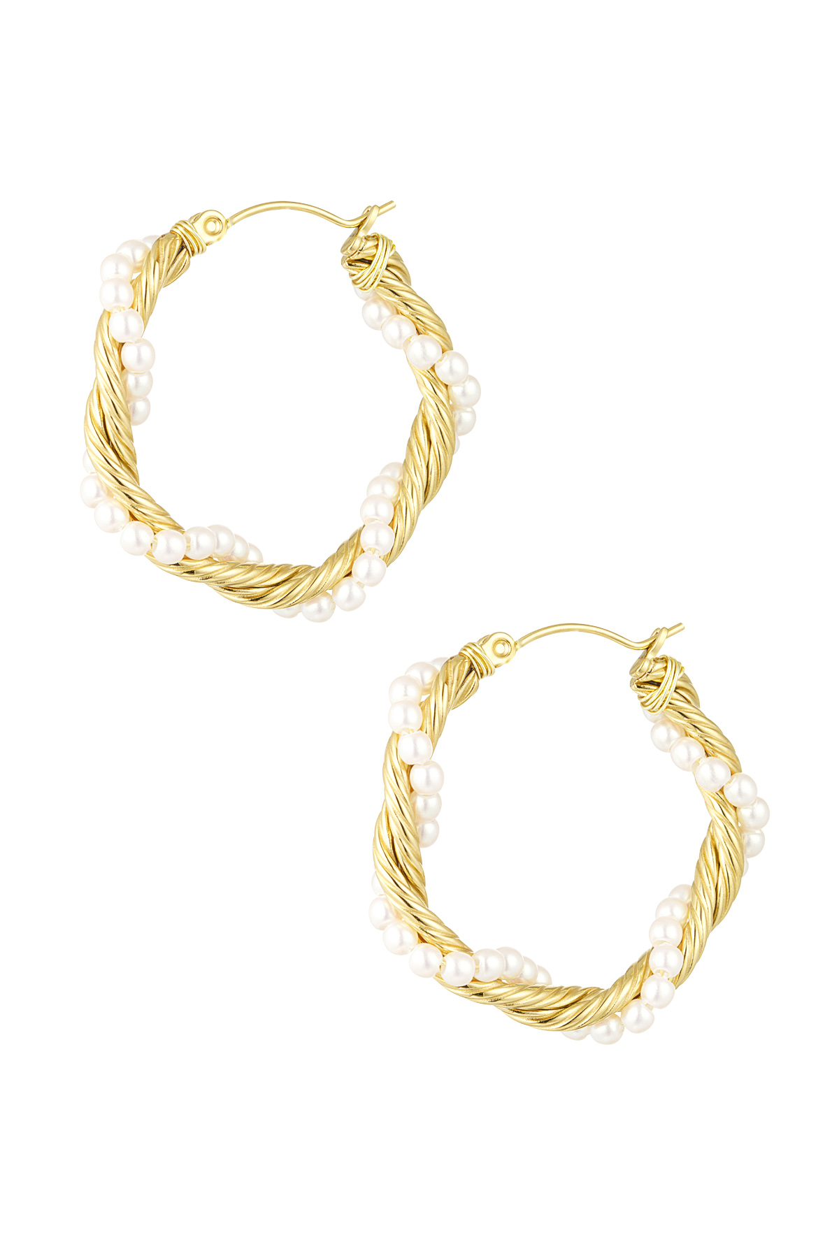 Round twisted rope earrings with pearls - Gold color 2