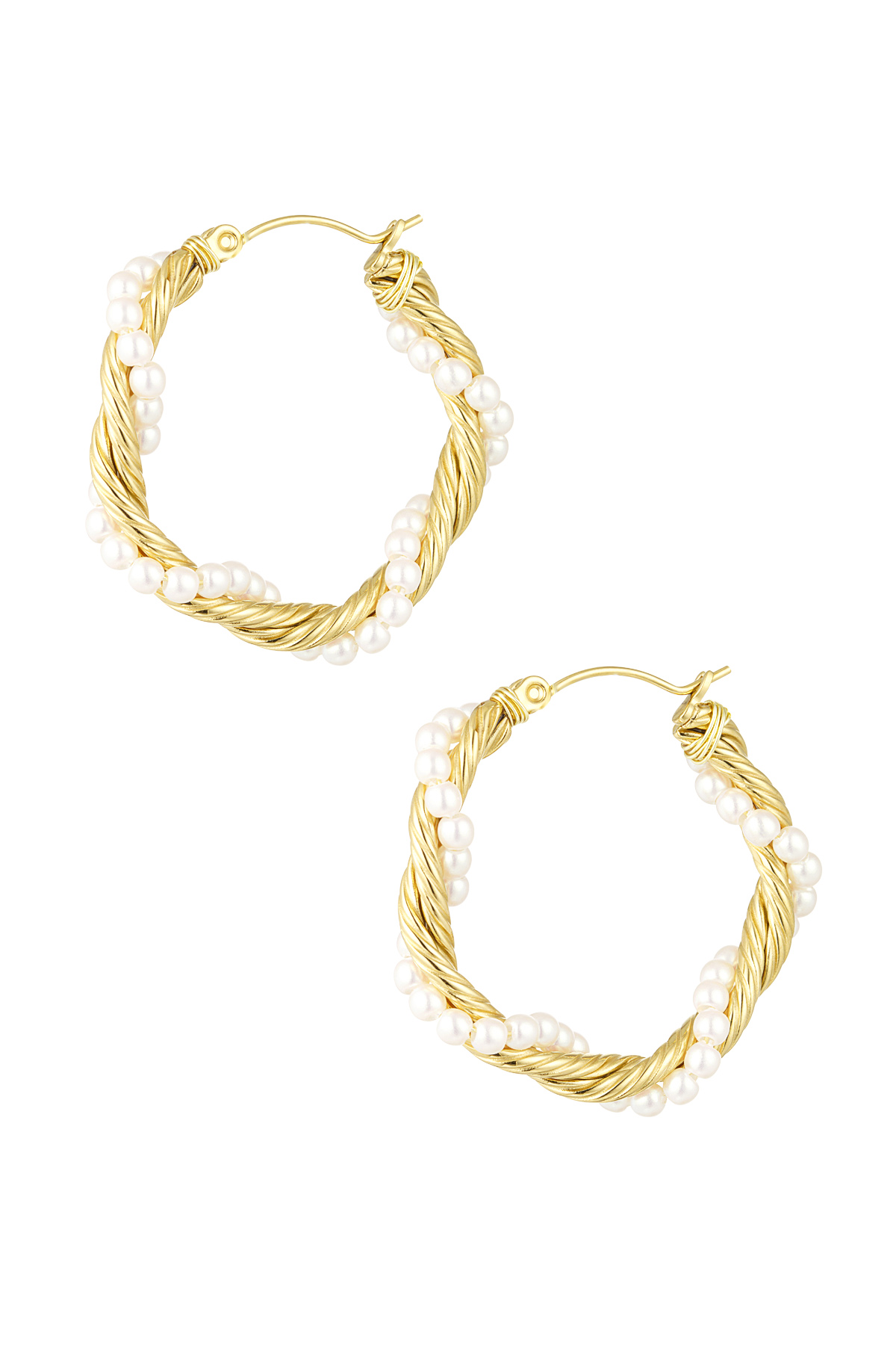 Round twisted rope earrings with pearls - gold 