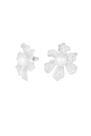 Pendientes flor brillante perla plata - circonita cobre h5 