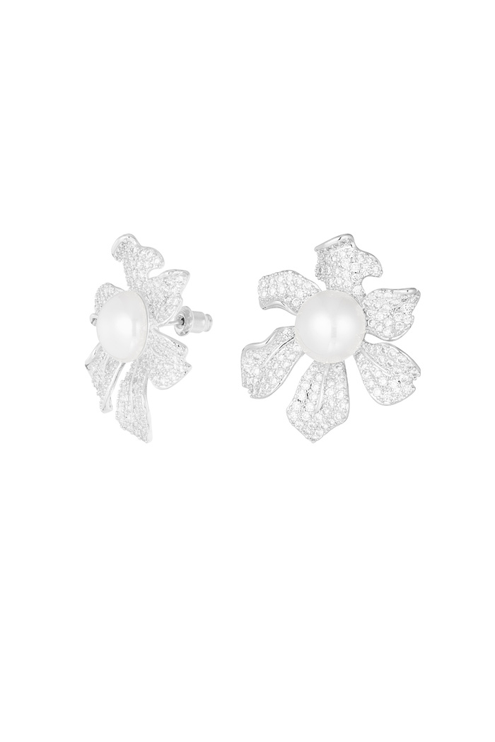 Pendientes flor brillante perla plata - circonita cobre 