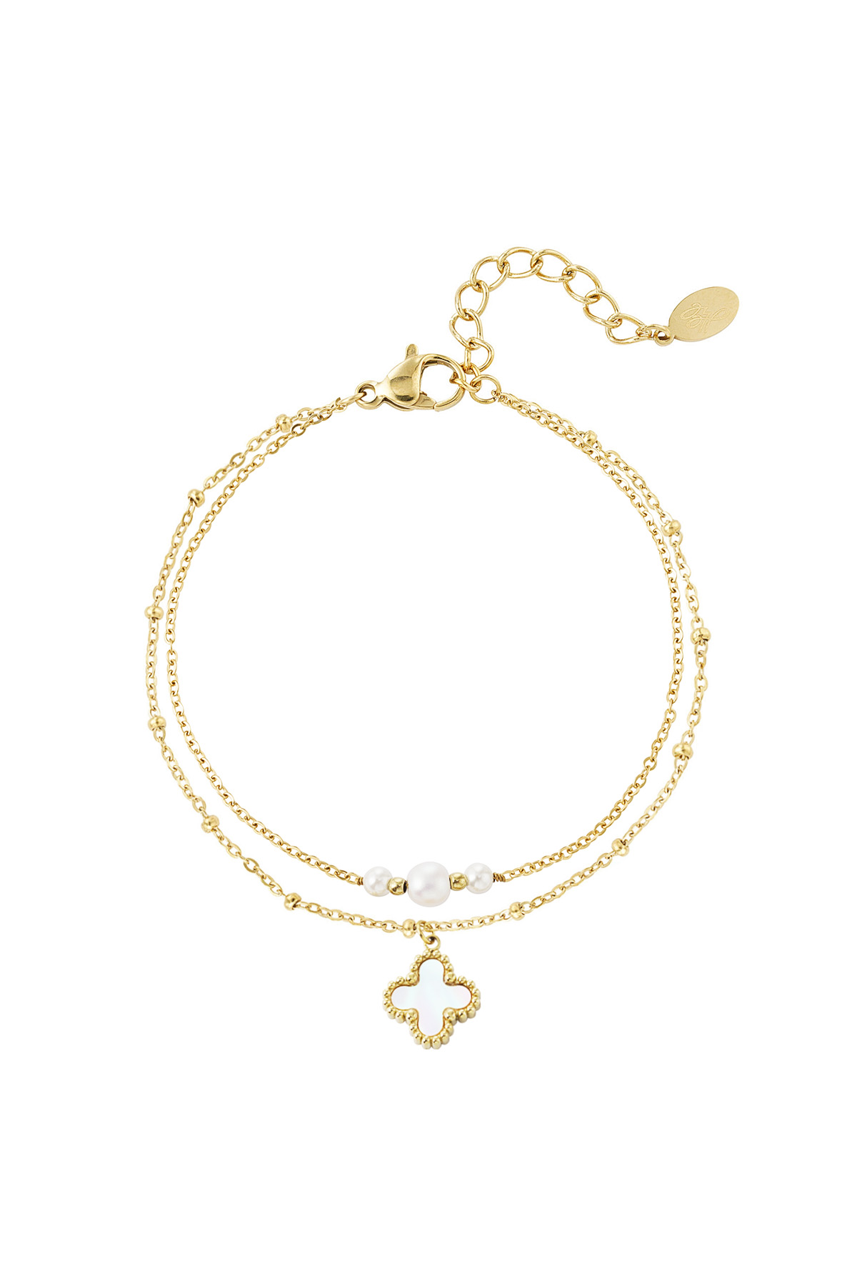 Double bracelet with pearls and clover charm - Gold color