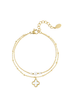 Bracelet double avec perles et breloque trèfle - doré  h5 