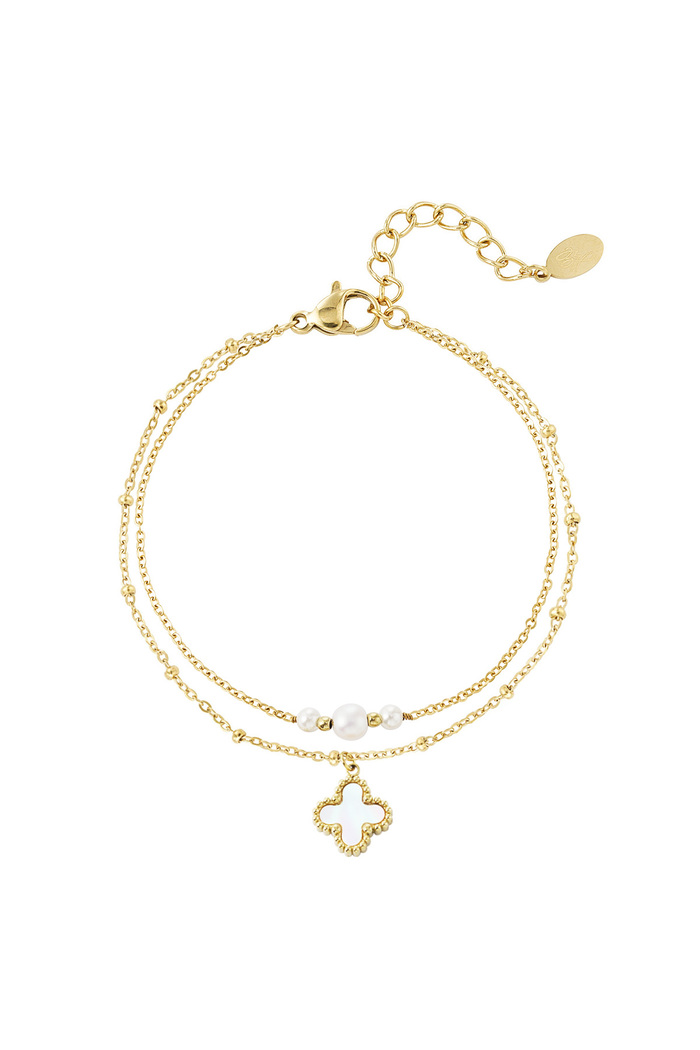 Double bracelet with pearls and clover charm - gold  