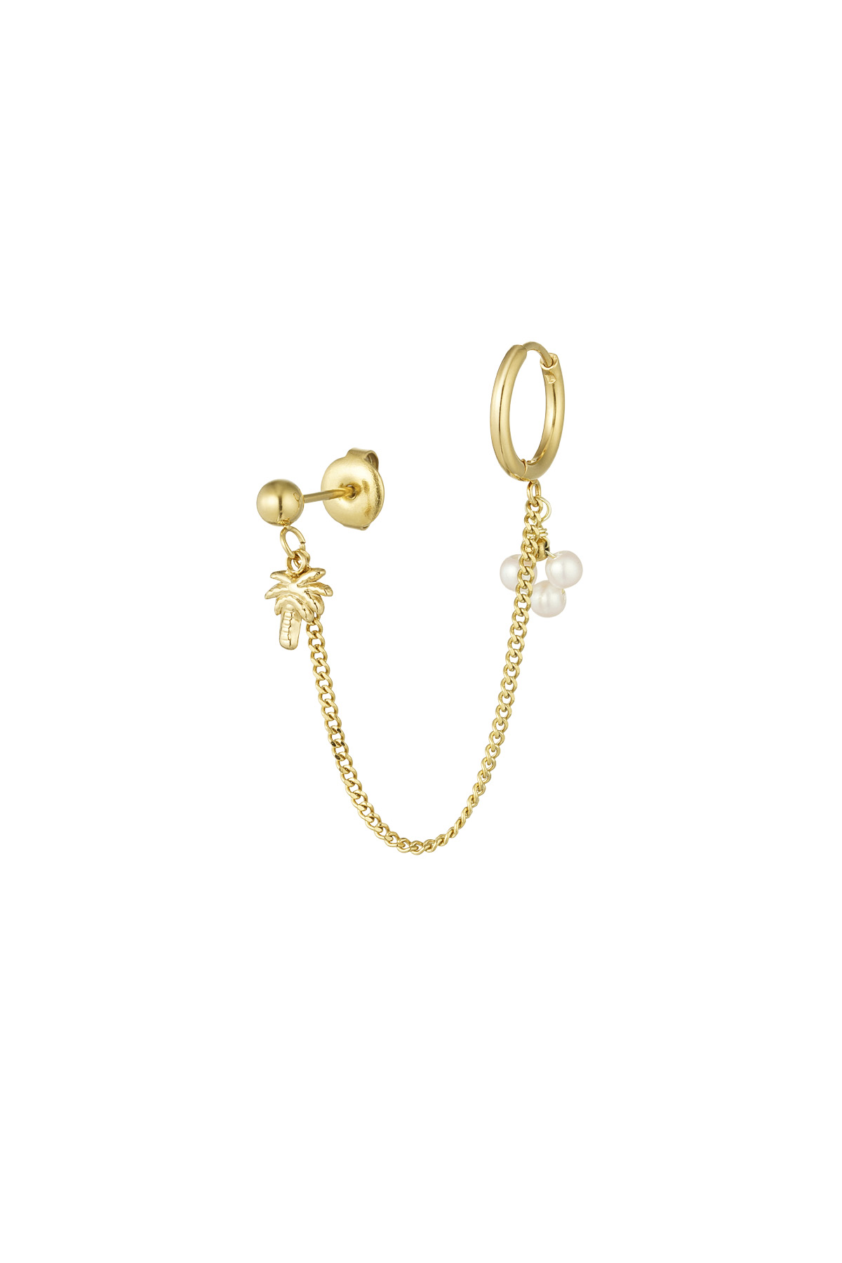 Doppelter Ohrring mit Palme und Perle – Gold