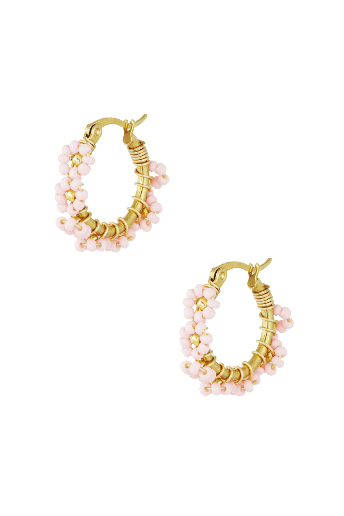 Stainless Steel Glass Beads Circle Earrings - Pink 
