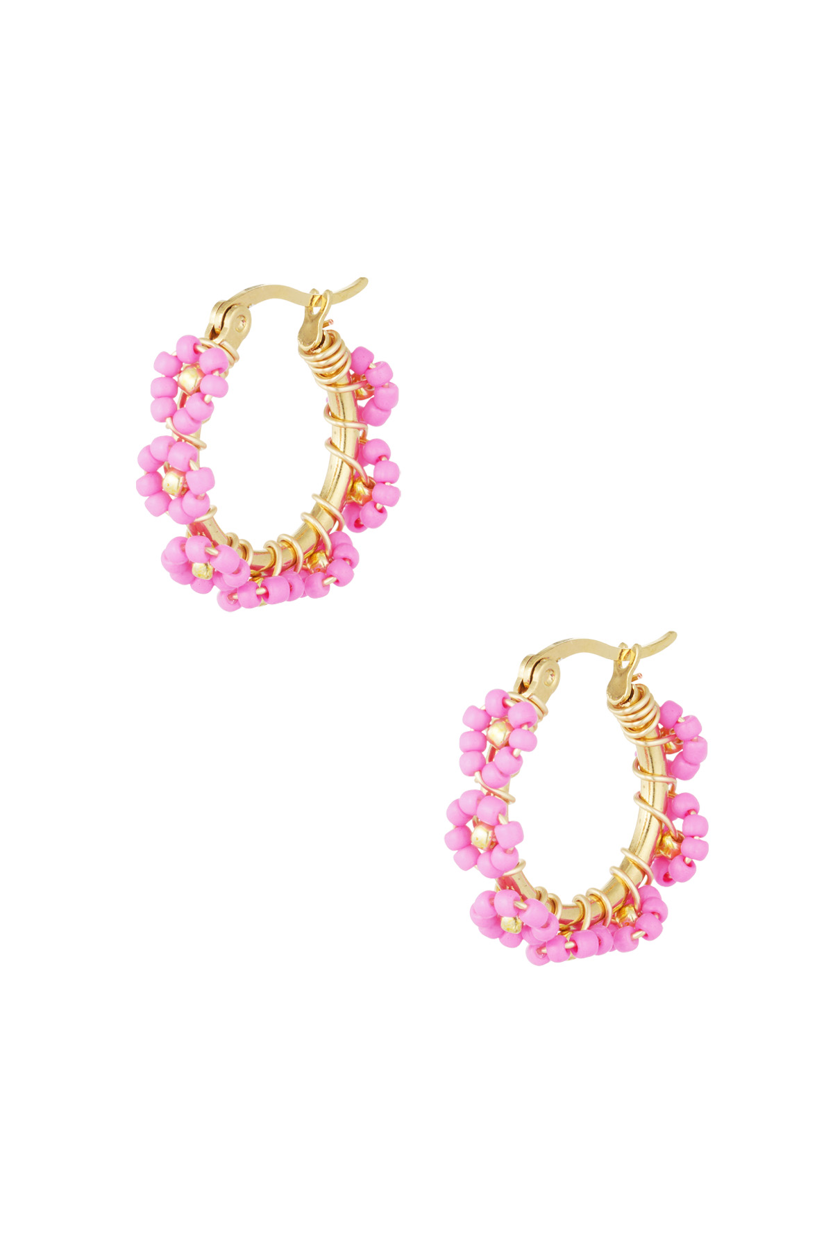 Pendientes Circulares con Cuentas de Vidrio de Acero Inoxidable - Fucsia h5 