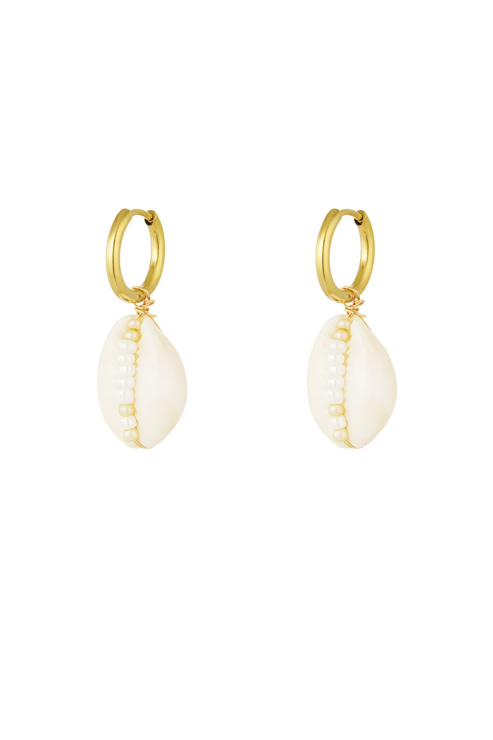 Boucles d'oreilles en acier inoxydable avec coquillage et perles de verre - Blanc 