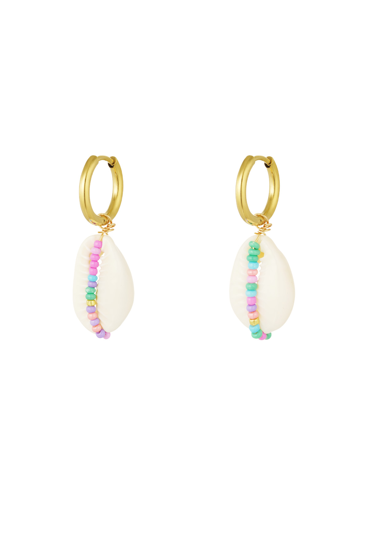 Stainless Steel Drop Earrings with Seashell and Glass Beads - Multicolored