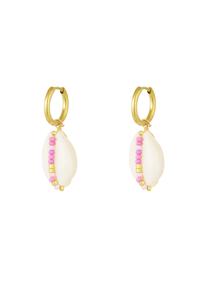 Stainless Steel Earrings with Seashell and Glass Beads - Pink and Gold 