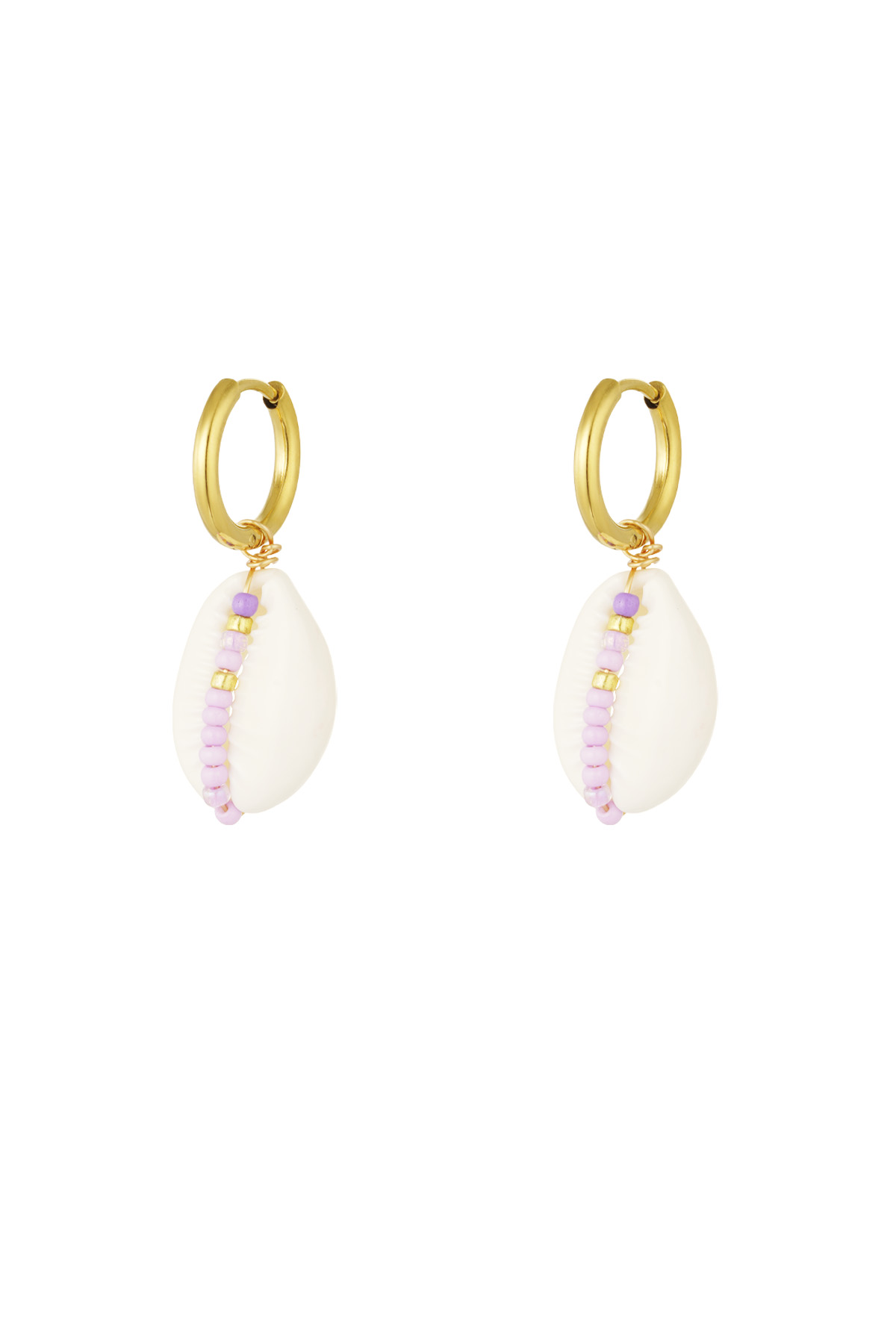 Stainless Steel Earrings with Seashell and Glass Beads - Lilac