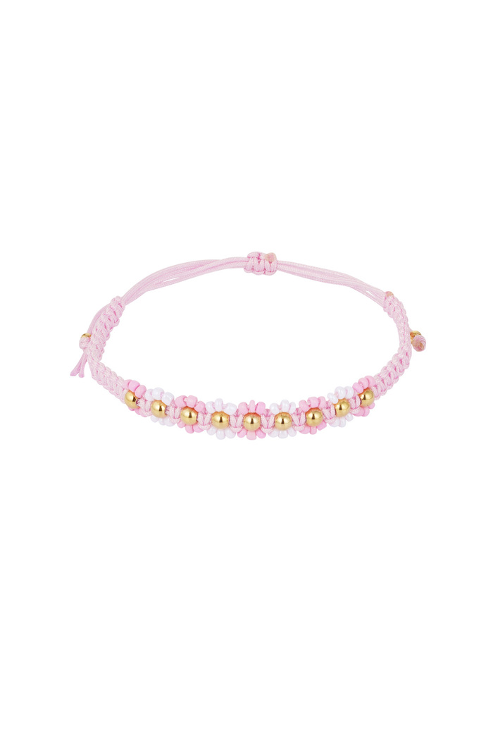 Braided bracelet with flowers - pink/gold  