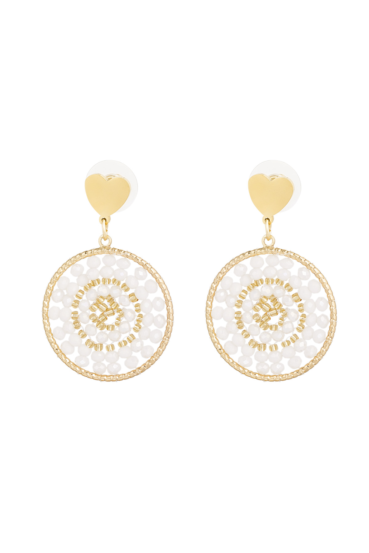 Mandala earrings with heart - white gold 